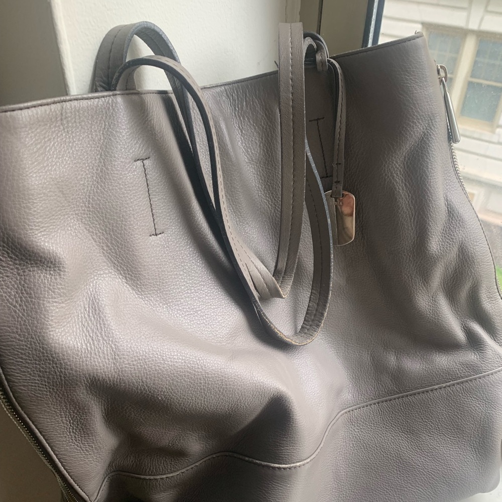 Vintage Gray Leather Furla Tote Bag Side Zip Blue